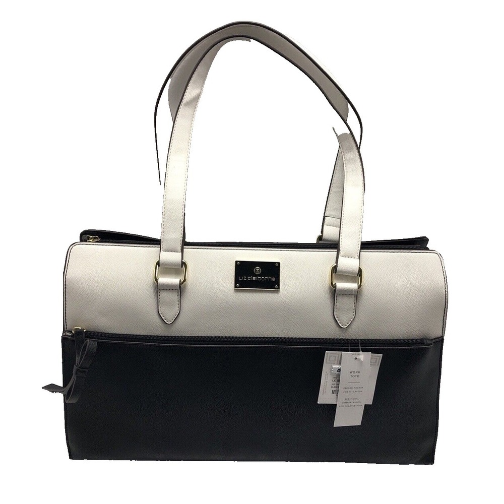 Liz Claiborne‎ lined shoulder bag faux leather laptop compartment Black and Beig